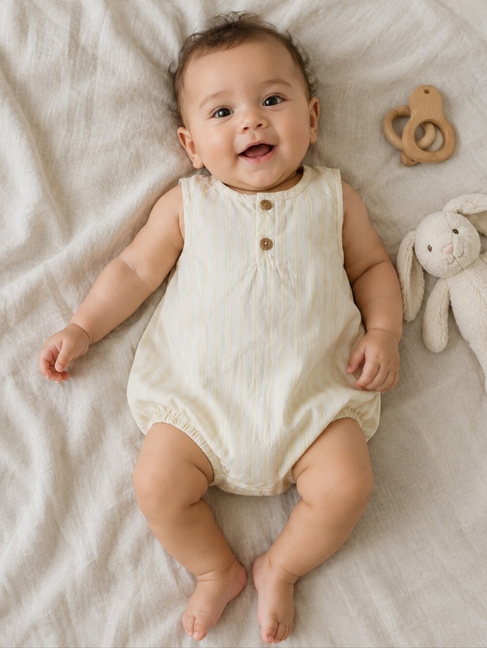 Jamie Kay Cream and Beige Striped Button Romper | 3-6M